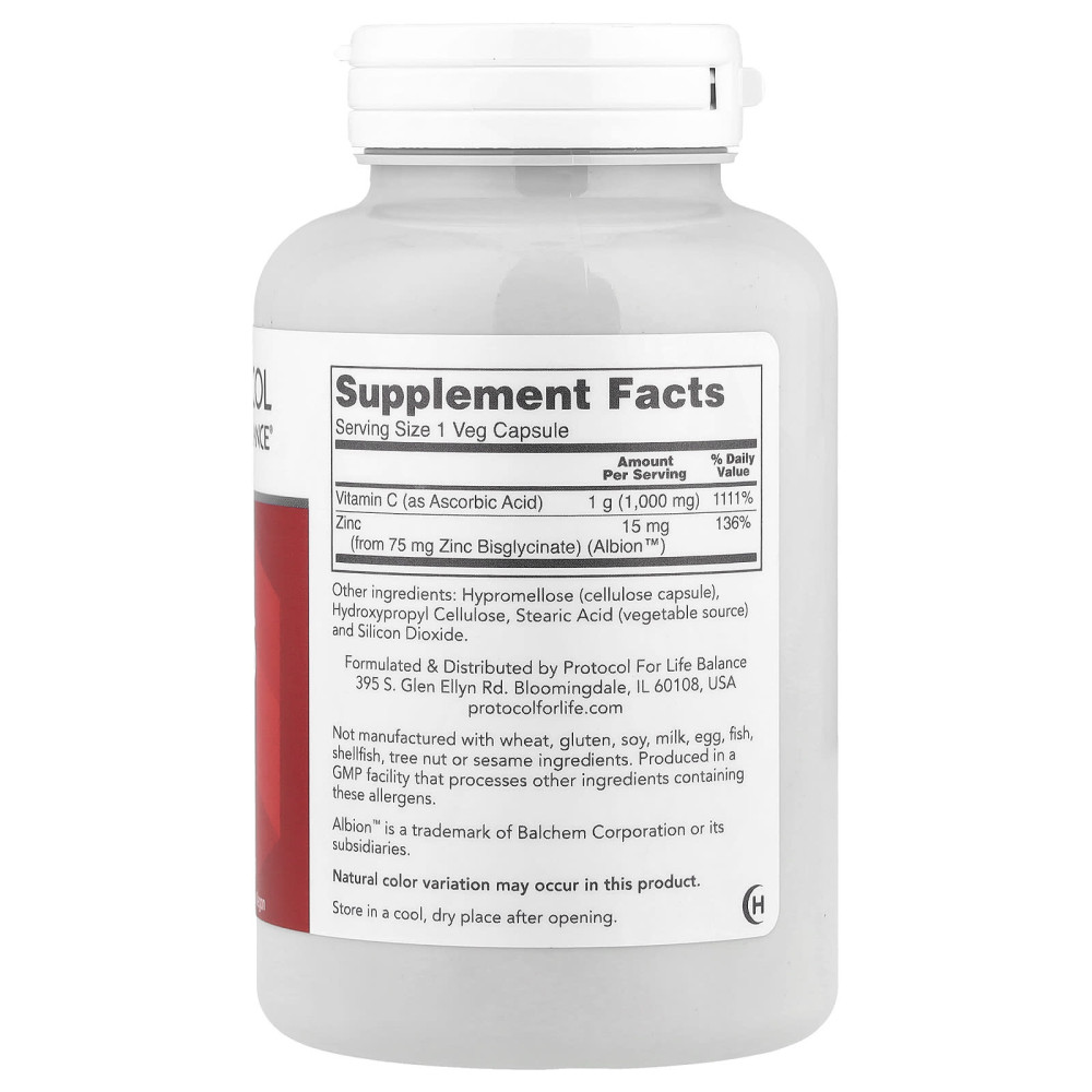 Вітамін C + цинк, C-1000 + Zinc-15, Protocol for Life Balance, 1000 мг/15 мг, 120 веганських капсул