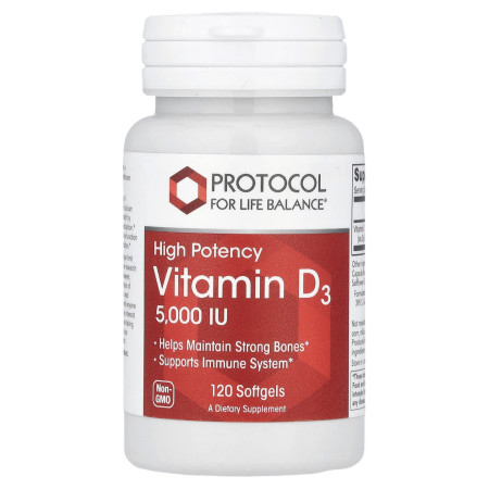 Вітамін D3, Vitamin D3, Protocol for Life Balance, висока концентрація, 5000 МО, 120 гелевих капсул
