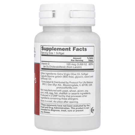 Вітамін D3, Vitamin D3, Protocol for Life Balance, висока концентрація, 5000 МО, 120 гелевих капсул