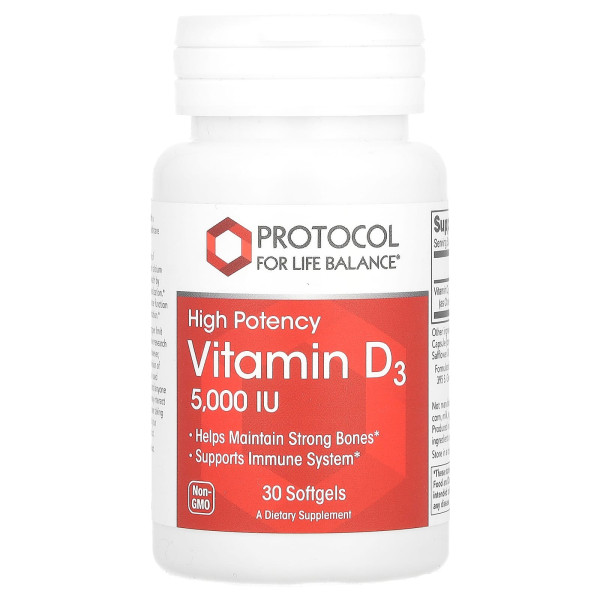 Вітамін D3, Vitamin D3, Protocol for Life Balance, висока ефективність, 5000 МО, 30 гелевих капсул