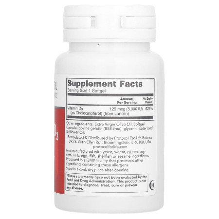 Вітамін D3, Vitamin D3, Protocol for Life Balance, висока ефективність, 5000 МО, 30 гелевих капсул