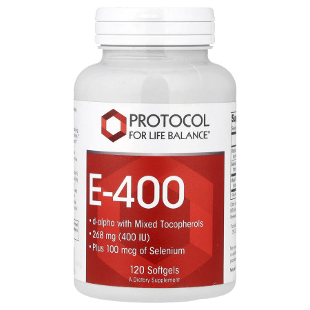 Вітамін Е, E-400, Protocol for Life Balance, змішані токофероли та селен, 268 мг (400 МО), 120 гелевих капсул