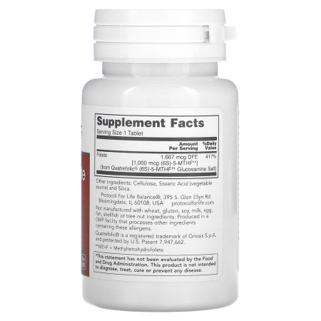 Метилфолат, 5-Methyl Folate, Protocol for Life Balance, 1000 мкг, 90 таблеток