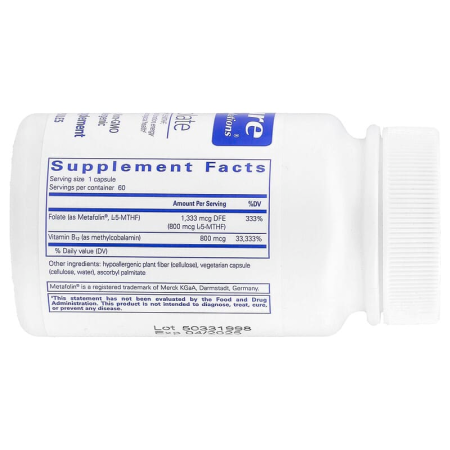 Витамин B12 (метилкобаламин) и Фолат (метафолин), B12 and Folate, Pure Encapsulations, 60 капсул