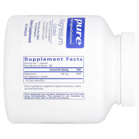 Магний цитрат, Magnesium (citrate), Pure Encapsulations, 150 мг, 180 капсул