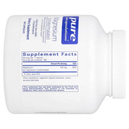 Магний цитрат/малат, Magnesium (citrate/malate), Pure Encapsulations, 180 капсул