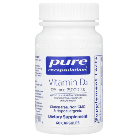 Вітамін D3, Vitamin D3, Pure Encapsulations, 125 мкг (5000 МО), 60 капсул