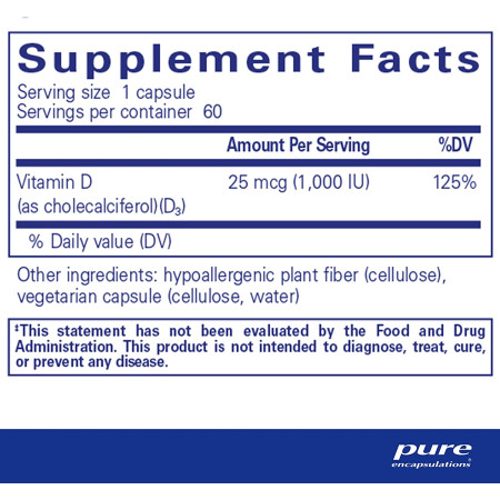 Вітамін D3, Vitamin D3, Pure Encapsulations, 25 мкг (1000 МО), 60 капсул