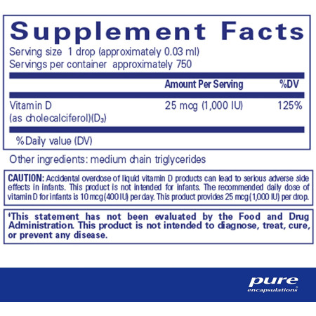 Вітамін D3, Vitamin D3 liquid, Pure Encapsulations, 1000 МО, рідка форма, 22.5 мл