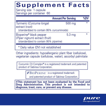Куркумин с биоперином, Curcumin with Bioperine®, Pure Encapsulations, 500 мг, 60 капсул