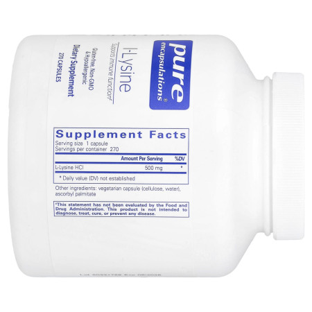 L-лізин, L-Lysine, Pure Encapsulations, 500 мг, 270 капсул
