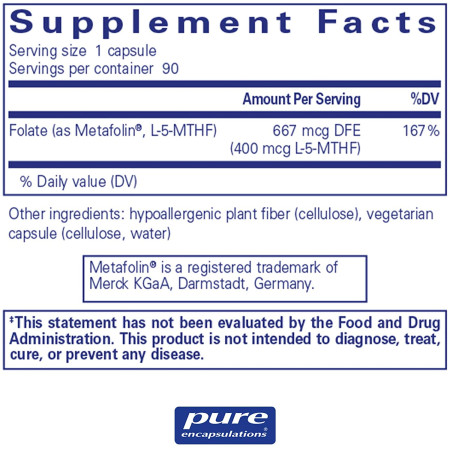 Фолат, Folate, Pure Encapsulations, 400 мкг, 90 капсул