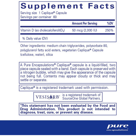 Вітамін D3, Vitamin D3 VESIsorb, Pure Encapsulations, 50 мкг (2000 МО), 60 капсул