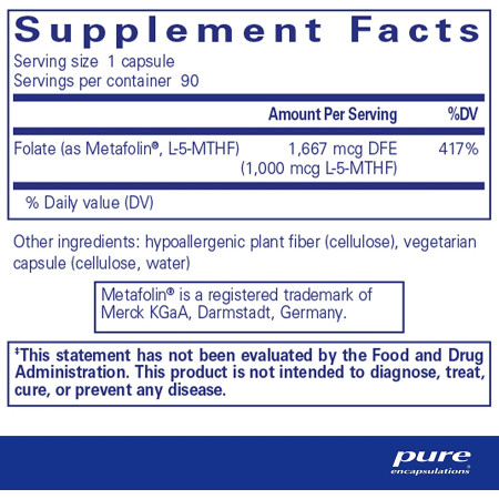 Фолат, Folate, Pure Encapsulations, 1000 мкг, 90 капсул