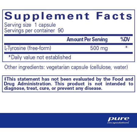 L-тирозин, L-Tyrosine, Pure Encapsulations, 500 мг, 90 капсул