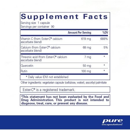 Эстер-С и флавоноиды, Ester-C & flavonoids, Pure Encapsulations, антиоксидантная, иммунная и сосудистая поддержка, 90 капсул