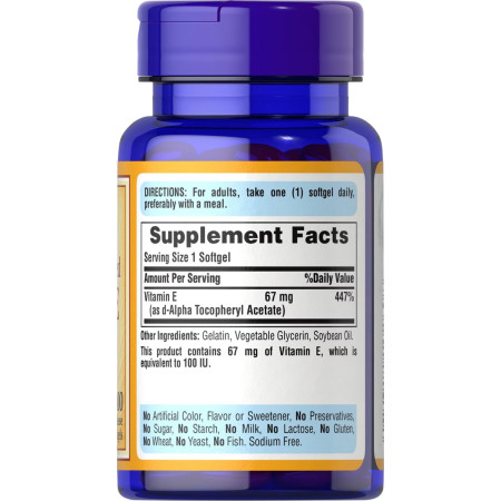 Вітамін Е, Natural Vitamin E, Puritan's Pride, 67 мг (100 МО), 100% натурального походження, 100 гелевих капсул