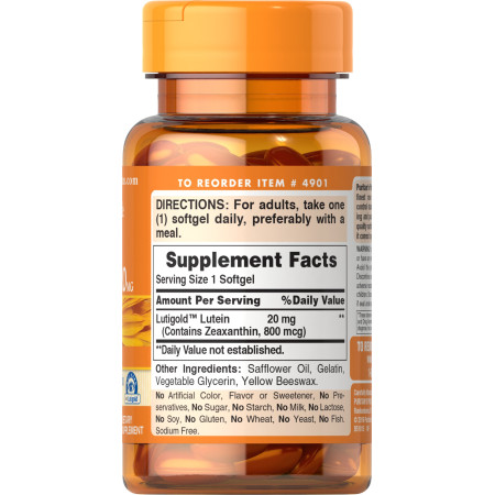 Лютеин для зрения с зеаксантином, Lutein with Zeaxanthin, Puritan's Pride, 20 мг, 60 гелевых капсул