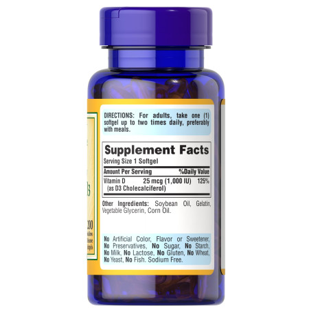 Витамин D3, Vitamin D3, Puritan's Pride, 25 мкг (1000 МО), 200 гелевых капсул