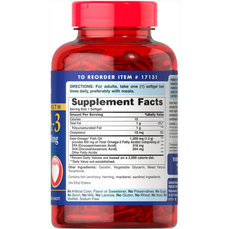 Омега-3 рыбий жир, Omega-3 Fish Oil, Puritan's Pride, двойная сила, 1200 мг/600 мг, 90 гелевых капсул