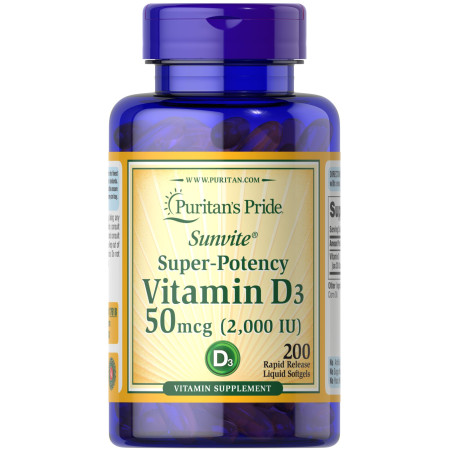 Вітамін D3, Vitamin D3, Puritan's Pride, 50 мкг (2000 МО), 200 гелевих капсул