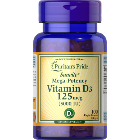 Вітамін D3, Vitamin D3, Puritan's Pride, 125 мкг (5000 МО), 100 гелевих капсул