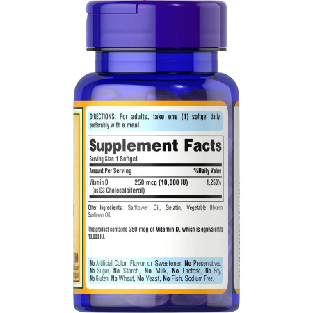 Витамин D3, Vitamin D3, Puritan's Pride, 250 мкг (10 000 МЕ), 100 гелевых капсул  