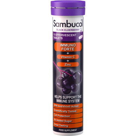 Чорна бузина + Вітамін С + Цинк, Black Elderberry, Immuno Forte, Sambucol, 15 шипучих таблкток