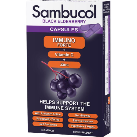 Чорна бузина + Вітамін С + Цинк, Black Elderberry Capsules, Immuno Forte, Sambucol, підтримка імунітету, 30 капсул