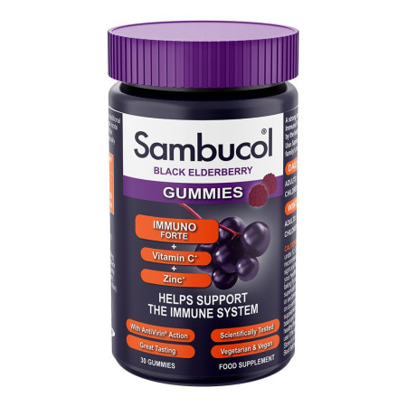 Чорна бузина + Вітамін С + Цинк, Black Elderberry Gummies, Immuno Forte, Sambucol, підтримка імунітету, 30 жувальних цукерок