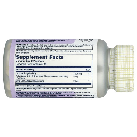 L-лизин и бета-глюкан, L-Lysine Beta Glucan, Solaray, 1000 мг, 60 вегетарианских капсул