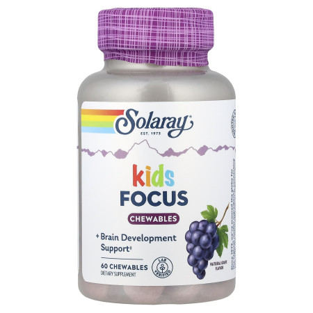 Підтримка концентрації уваги для дітей, Kids Focus Chewables, Solaray, зі смаком винограду, 60 жувальних таблеток