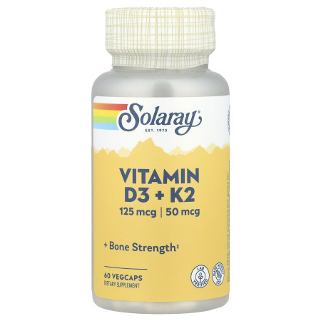 Вітамін D3 та K2, Vitamin D-3 & K-2, Solaray, без сої, 60 вегетаріанських капсул