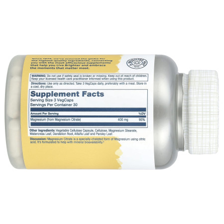 Магний цитрат, Magnesium Citrate, Solaray, 400 мг, 90 капсул