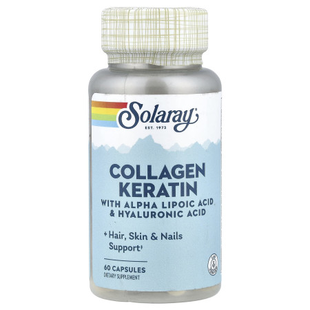 Колаген і кератин, Collagen Keratin with Alpha Lipoic Acid & Hyaluronic Acid, Solaray, з альфа-ліпоєвою кислотою та гіалуроновою кислотою, 60 капсул