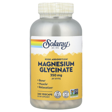 Магний глицинат, Magnesium Glycinate, Solaray, высокая абсорбция, 350 мг, 240 вегетарианских капсул
