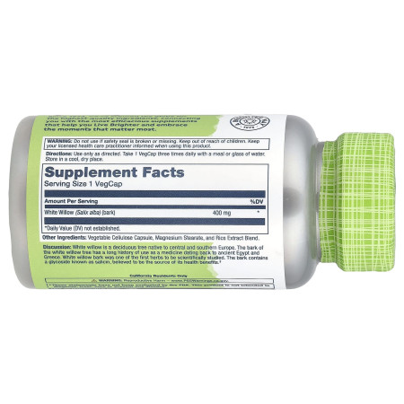 Белая ива, White Willow Bark, Solaray, 400 мг, 100 веганских капсул