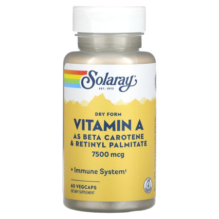 Вітамін А, Dry Vitamin A, Solaray, 7500 мкг, 60 веганських капсул