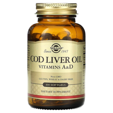 Риб'ячий жир: вітаміни А і D з олії печінки тріски, Cod Liver Oil, Vitamins A & D, Solgar, 100 гелевих капсул