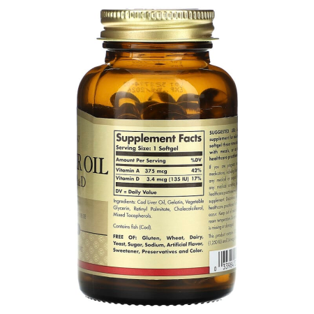 Рыбий жир: витамины А и  D из масла печени трески, Cod Liver Oil, Vitamins A & D, Solgar, 100 гелевых капсул