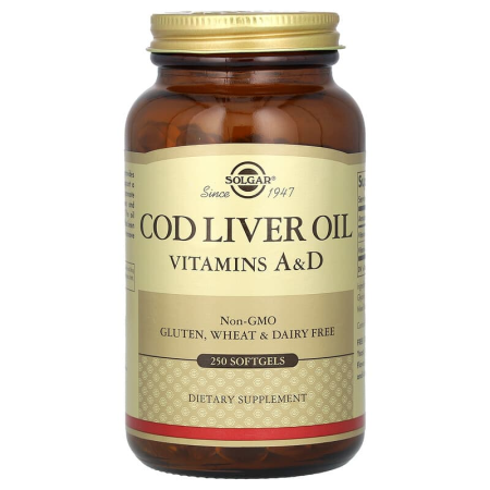 Риб'ячий жир: вітаміни А і D з олії печінки тріски, Cod Liver Oil, Vitamins A & D, Solgar, 250 гелевих капсул