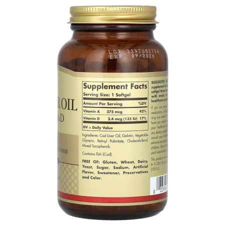 Риб'ячий жир: вітаміни А і D з олії печінки тріски, Cod Liver Oil, Vitamins A & D, Solgar, 250 гелевих капсул