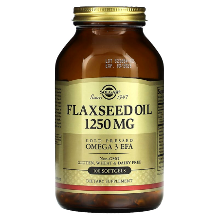 Лляна олія, Flaxseed Oil, Solgar, 1250 мкг, 100 гелевих капсул