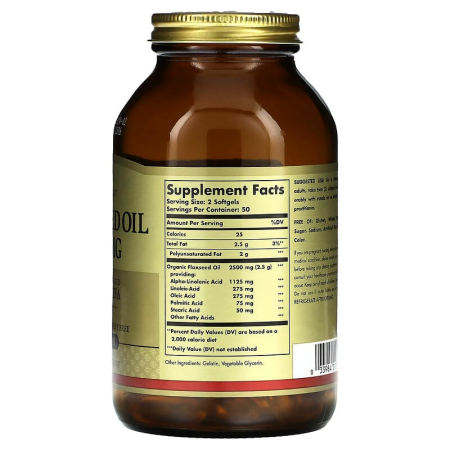 Лляна олія, Flaxseed Oil, Solgar, 1250 мкг, 100 гелевих капсул