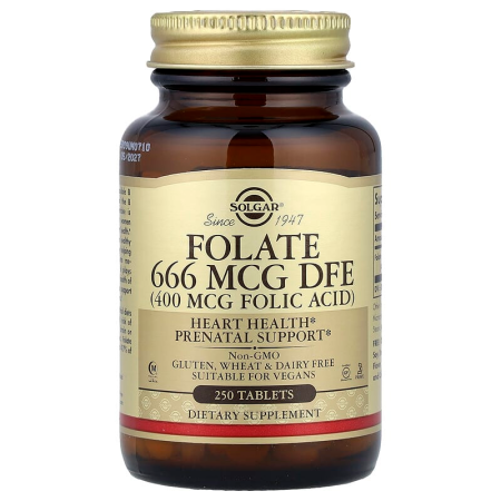 Фолат, Folate, Solgar, 666 мкг DFE (400 мкг фолієвої кислоти), 250 таблеток