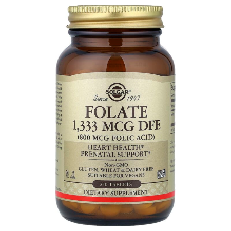 Фолат, Folate, Solgar, фолієва кислота, 1,333 мкг DFE (800 мкг), 250 таблеток