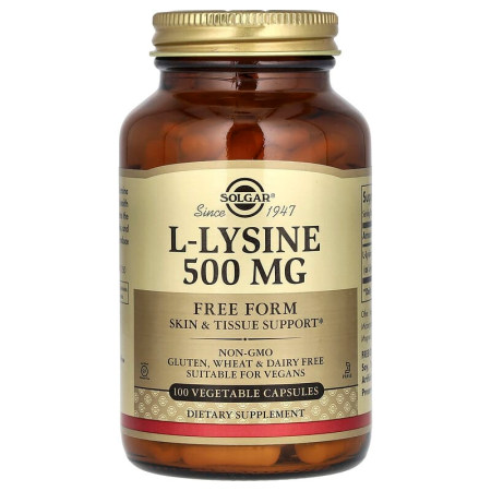 L-лізин, L-Lysine, Solgar, вільна форма, 500 мг, 100 вегетаріанських капсул