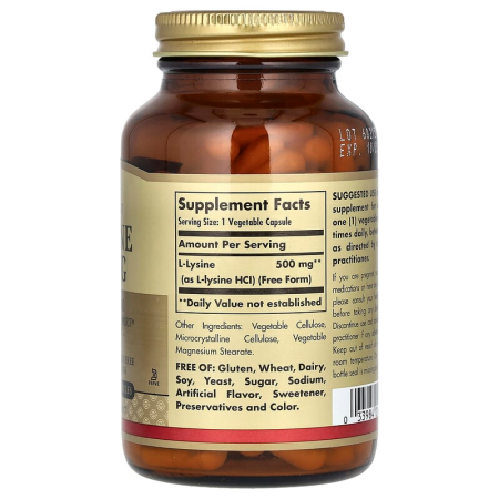 L-лизин, L-Lysine, Solgar, свободная форма, 500 мг, 100 вегетарианских капсул