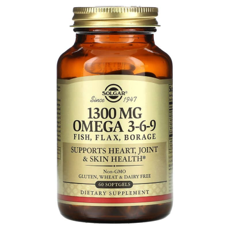 Омега 3-6-9, Omega 3-6-9, Solgar, 1300 мг, 60 гелевих капсул 
