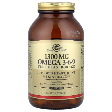 Омега 3-6-9, Omega 3-6-9, Solgar, 1300 мг, 120 гелевых капсул 